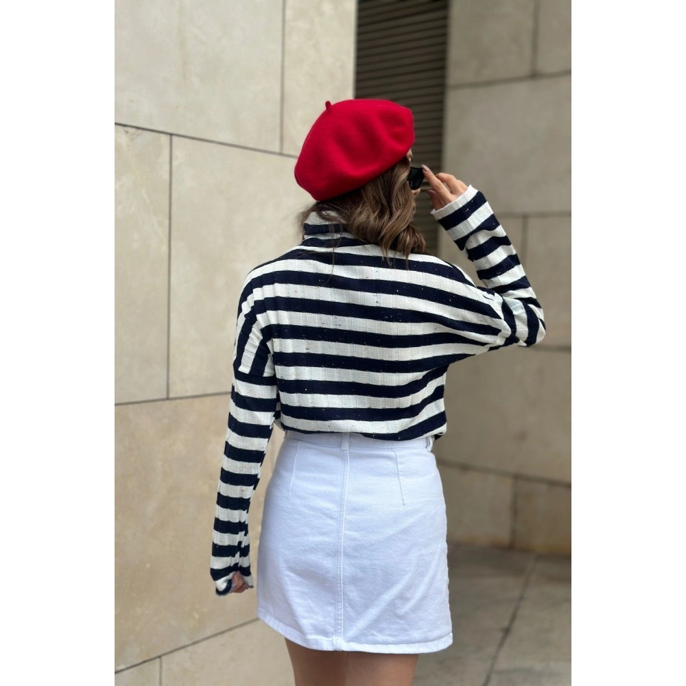 Pasaklı Giyim Pasaklı Giyim Kadın Lacivert Ekru Çizgili Uzun Kol Fitilli Kırçıllı İnce Triko Bluz 700- - Premium Kadın Giyim