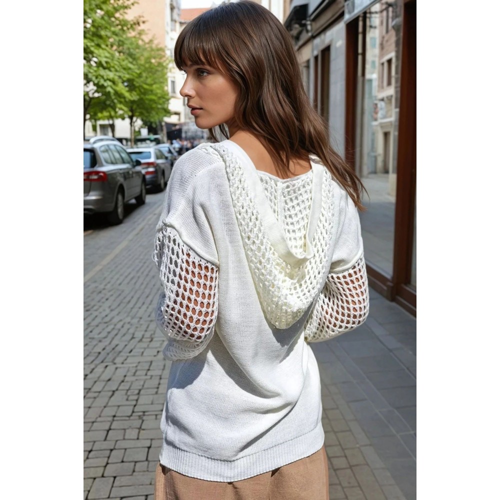 Pasaklı Giyim Kadın Bej Salaş Kolları File Detaylı Kapişonlu Örgü Triko Kazak-Sweatshirt - Premium Kadın Giyim