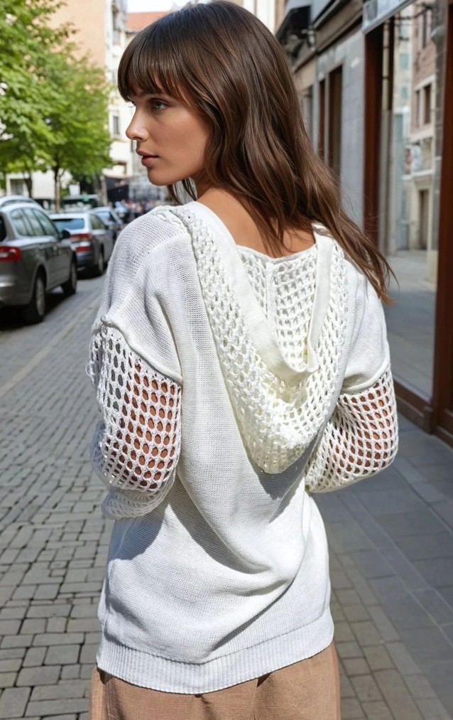 Kadın Bej Salaş Kolları File Detaylı Kapişonlu Standart Beden Örgü Triko Kazak-Sweatshirt CCK95006260