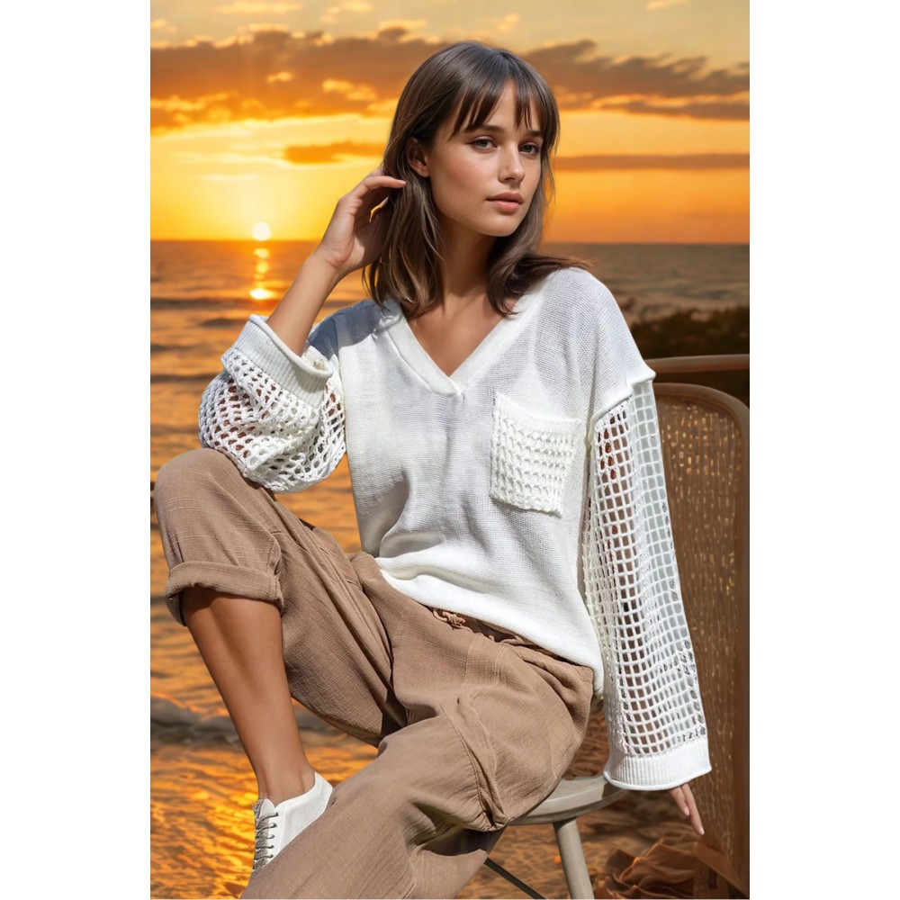 Pasaklı Giyim Kadın Bej Salaş Kolları File Detaylı Kapişonlu Örgü Triko Kazak-Sweatshirt - Premium Kadın Giyim