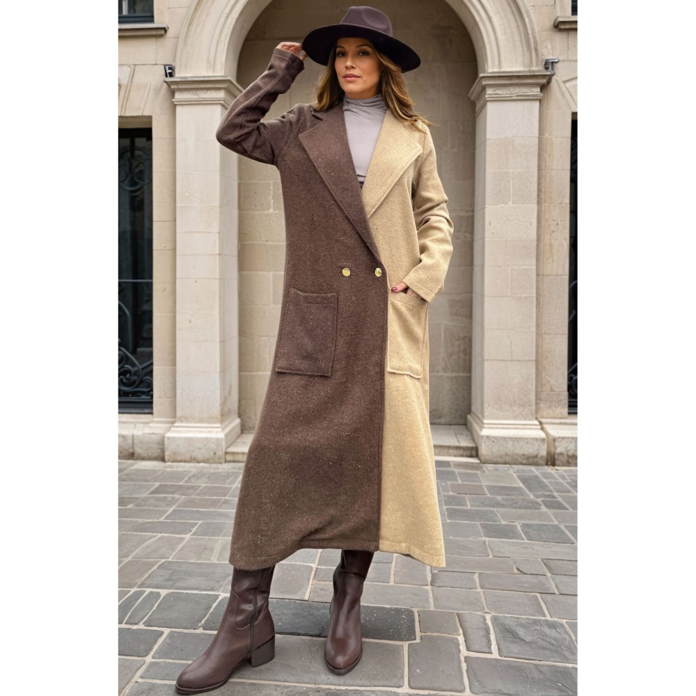 Pasaklı Giyim Pasaklı Giyim Kadın İki Renkli Kaşe Kaban - Premium Kadın Giyim