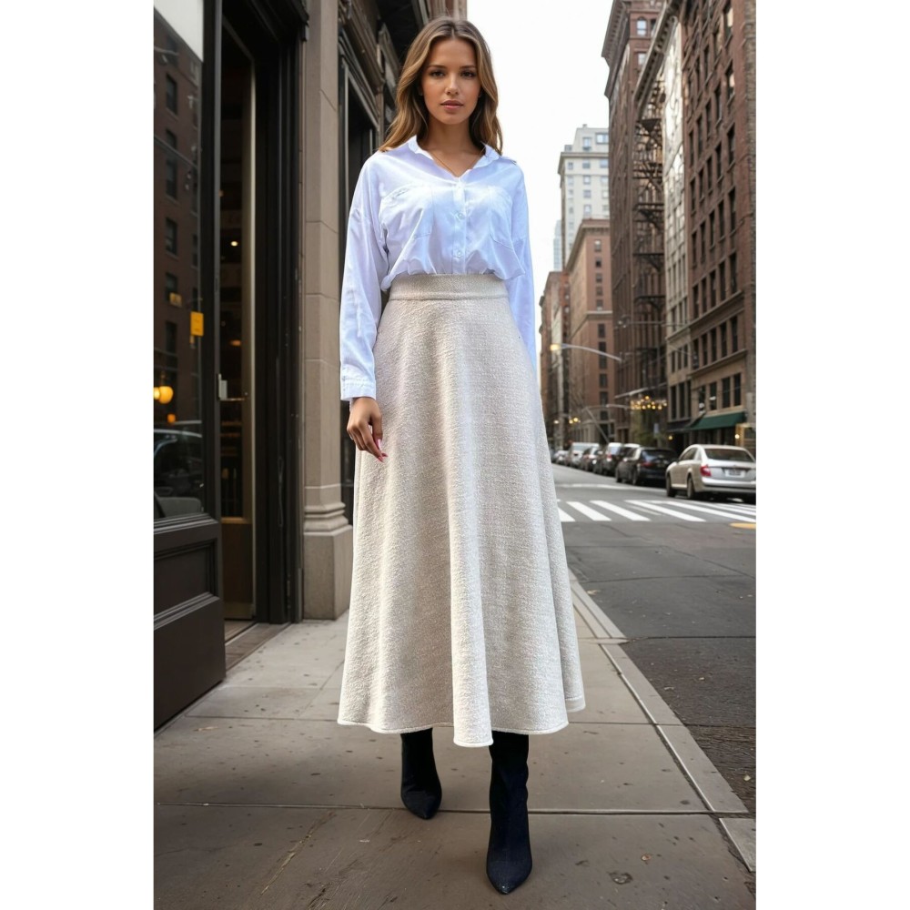 Pasaklı Giyim Pasaklı Giyim Kadın Kışlık Kırçıllı Kaşe Yüksek Bel Şık Uzun Kiloş Etek Vizon - Premium Kadın Giyim