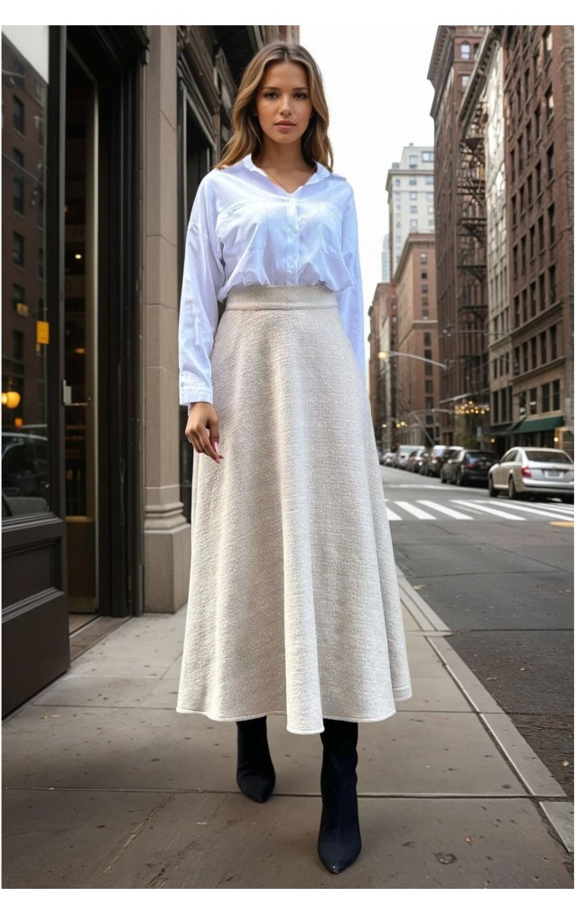 Pasaklı Giyim Kadın Kışlık Kırçıllı Kaşe Yüksek Bel Şık Uzun Kiloş Etek Vizon 3528330