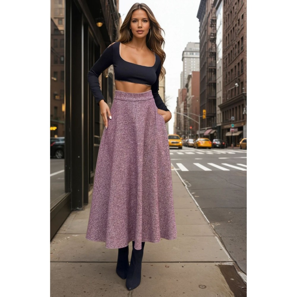 Pasaklı Giyim Pasaklı Giyim Kadın Kışlık Kırçıllı Kaşe Yüksek Bel Şık Uzun Kiloş Etek Bordo - Premium Kadın Giyim