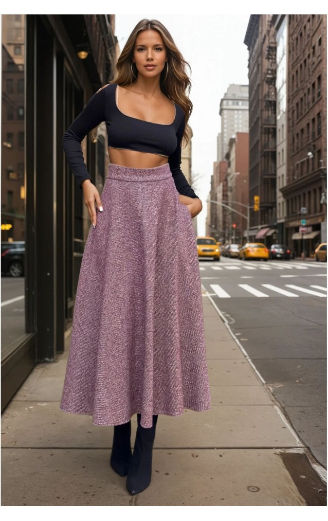 Pasaklı Giyim Kadın Kışlık Kırçıllı Kaşe Yüksek Bel Şık Uzun Kiloş Etek Bordo 3528330