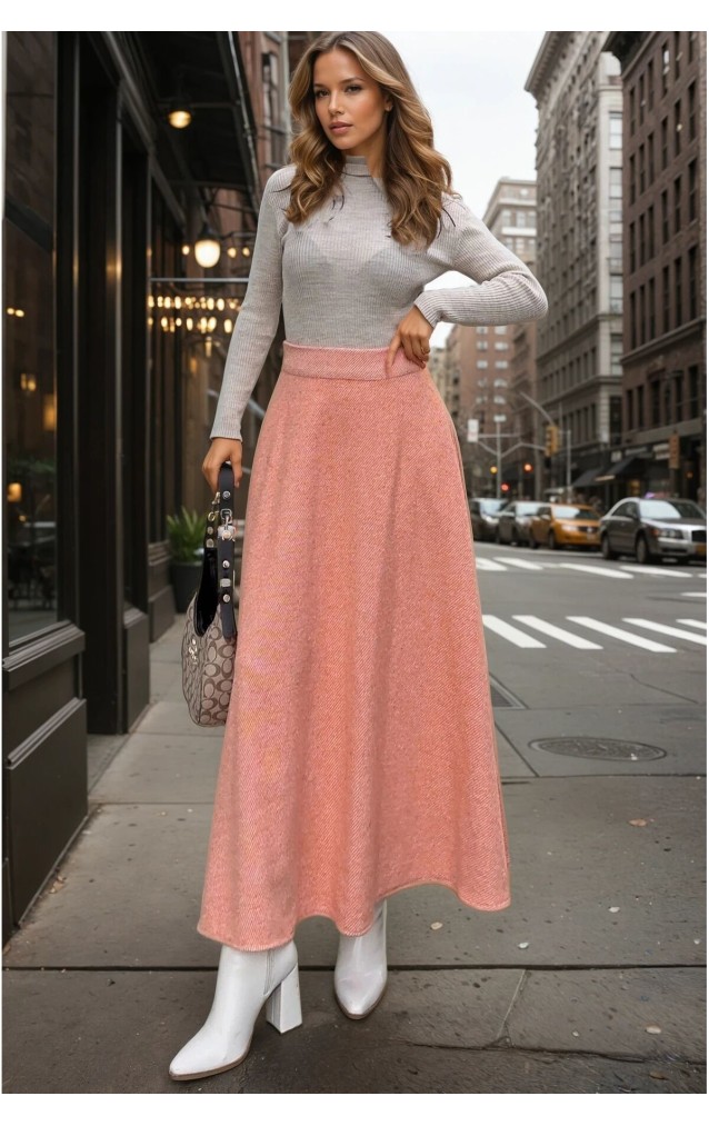 Pasaklı Giyim Kadın Kışlık Kırçıllı Kaşe Yüksek Bel Şık Uzun Kiloş Etek Turuncu 3528330