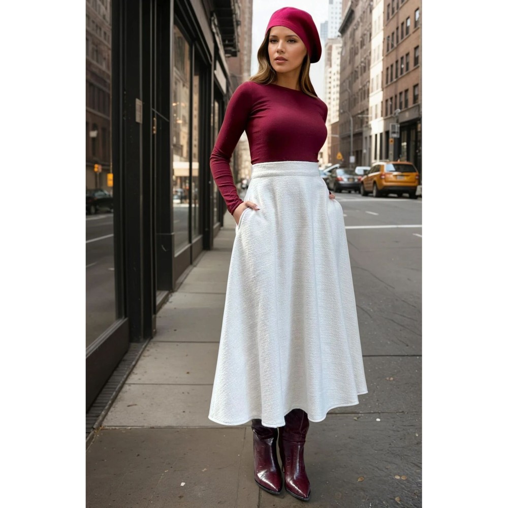 Pasaklı Giyim Pasaklı Giyim Kadın Kışlık Kırçıllı Kaşe Yüksek Bel Şık Uzun Kiloş Etek Ekru - Premium Kadın Giyim