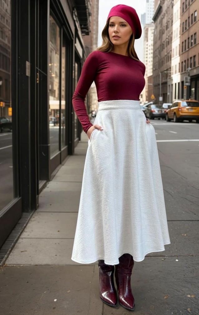 Pasaklı Giyim Kadın Kışlık Kırçıllı Kaşe Yüksek Bel Şık Uzun Kiloş Etek Ekru 3528330