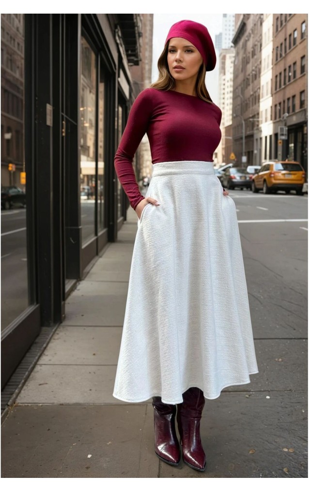 Pasaklı Giyim Kadın Kışlık Kırçıllı Kaşe Yüksek Bel Şık Uzun Kiloş Etek Ekru 3528330