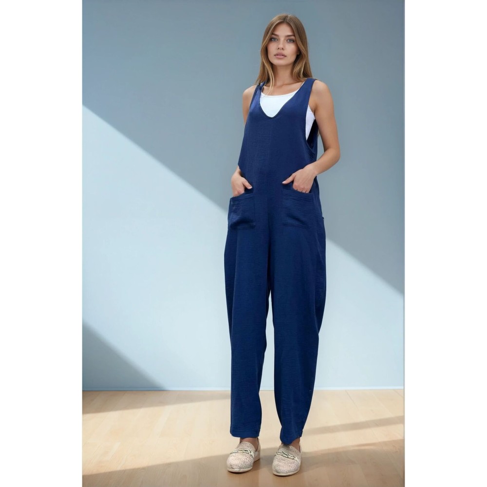 Pasaklı Giyim Pasaklı Giyim Kadın %100 Pamuk Müslin Tulum Lacivert - Premium Kadın Giyim