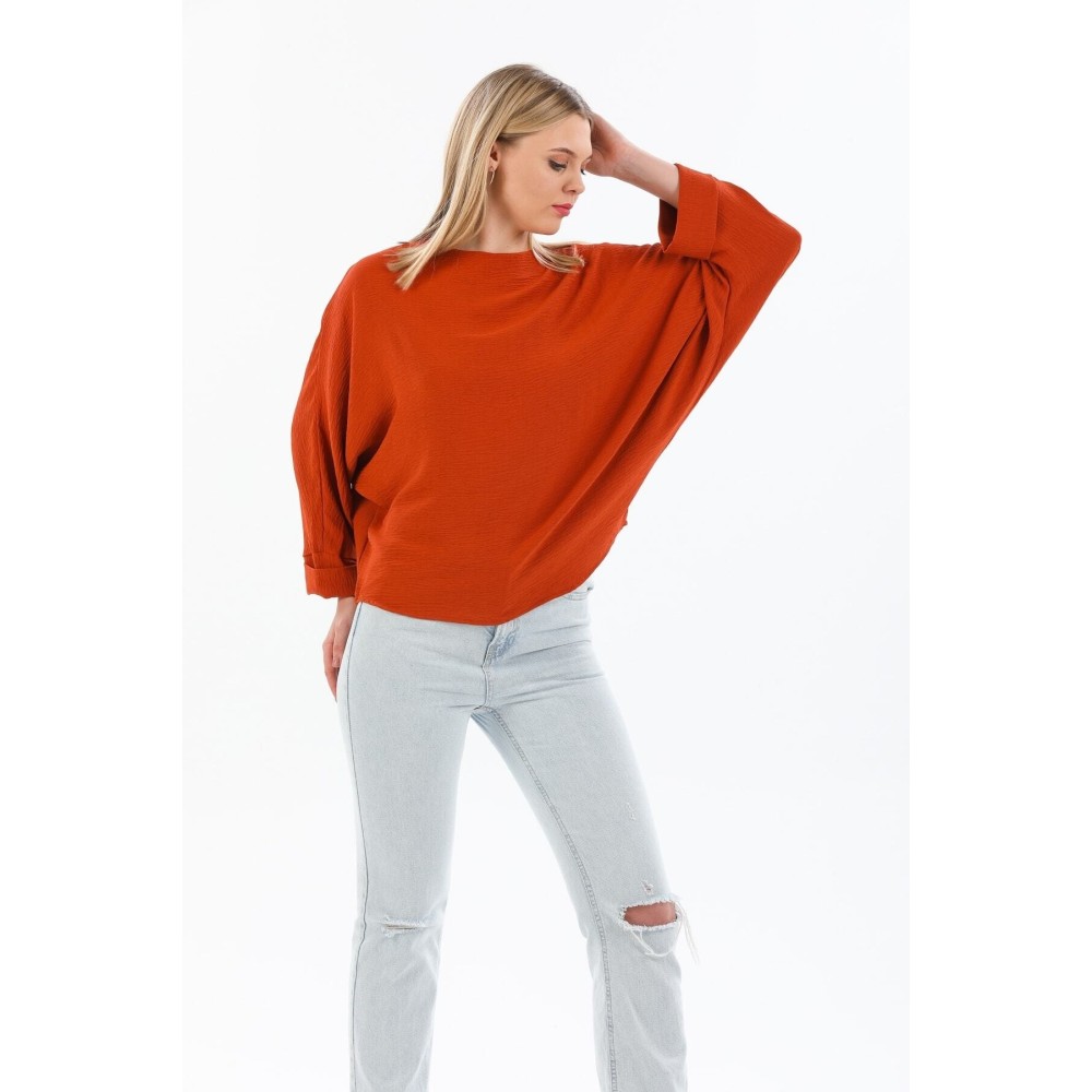 Pasaklı Giyim Pasaklı Giyim Kadın Yarasa Duble Kol Ekstra Oversize Bluz Kiremit - Premium Kadın Giyim