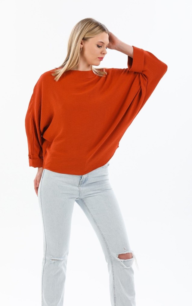 Pasaklı Giyim Kadın Yarasa Duble Kol Ekstra Oversize Bluz 2943308 Kiremit