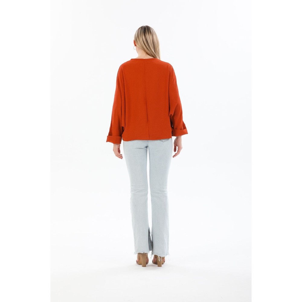 Pasaklı Giyim Pasaklı Giyim Kadın Yarasa Duble Kol Ekstra Oversize Bluz Kiremit - Premium Kadın Giyim