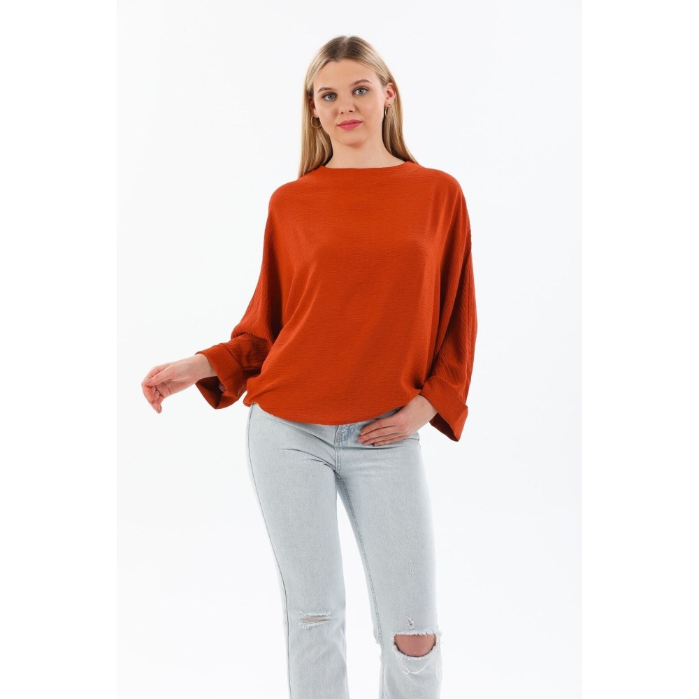 Pasaklı Giyim Pasaklı Giyim Kadın Yarasa Duble Kol Ekstra Oversize Bluz Kiremit - Premium Kadın Giyim