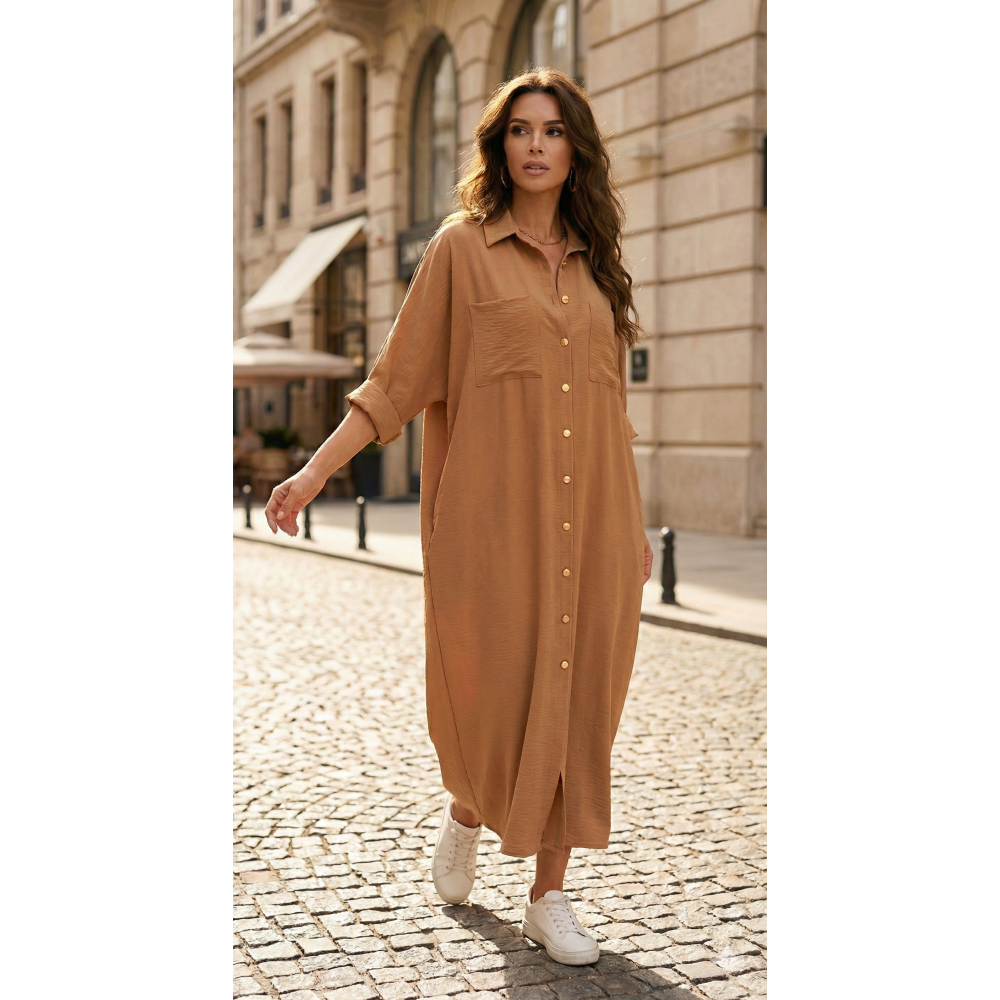 Pasaklı Giyim Pasaklı Giyim Kadın Oversize Yarasa Kol Tesettüre Uygun Gömlek Elbise-Tesettür Tunik Bej - Premium Kadın Giyim