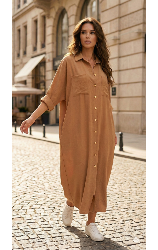 Pasaklı Giyim Kadın Oversize Yarasa Kol Tesettüre Uygun Gömlek Elbise-Tesettür Tunik 3282528 Bej