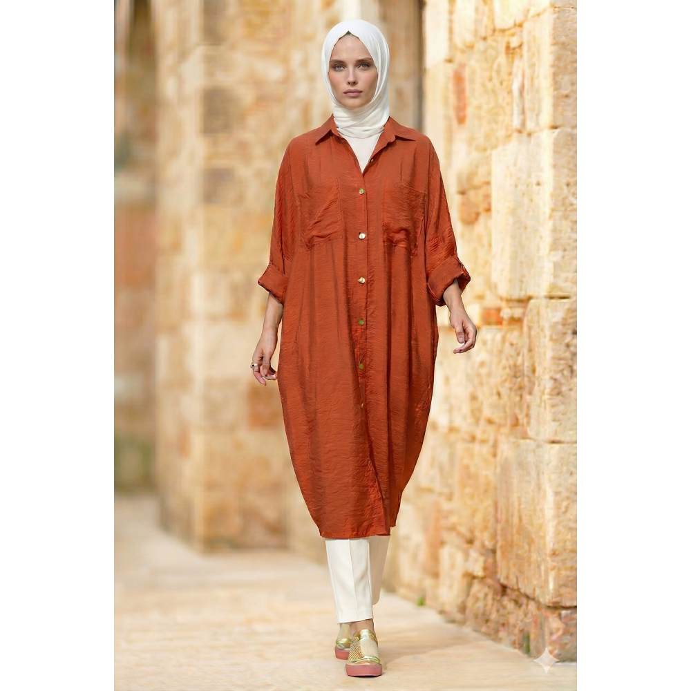 Pasaklı Giyim Pasaklı Giyim Kadın Oversize Yarasa Kol Tesettüre Uygun Gömlek Elbise-Tesettür Tunik Kiremit - Premium Kadın Giyim