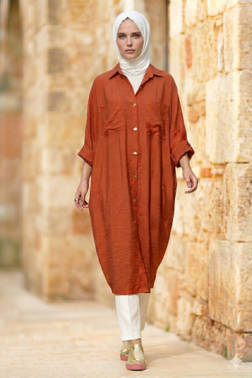 Pasaklı Giyim Kadın Oversize Yarasa Kol Tesettüre Uygun Gömlek Elbise-Tesettür Tunik 3282528 Kiremit