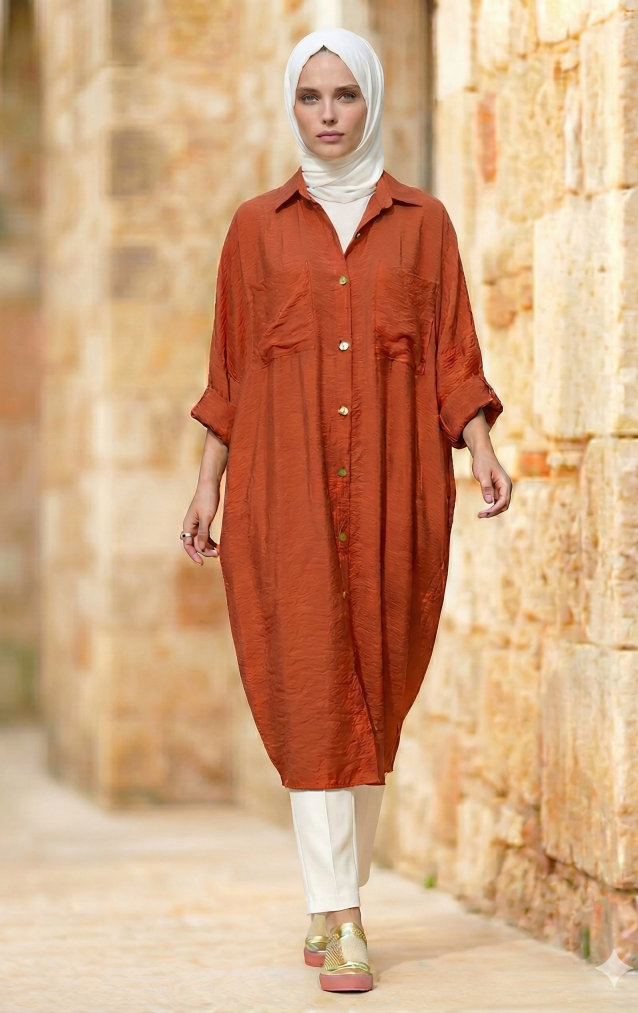 Pasaklı Giyim Kadın Oversize Yarasa Kol Tesettüre Uygun Gömlek Elbise-Tesettür Tunik 3282528 Kiremit