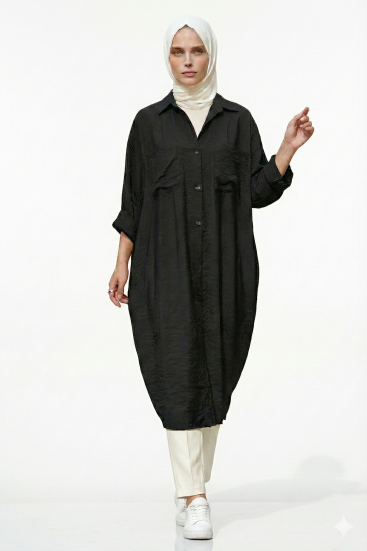 Pasaklı Giyim Kadın Oversize Yarasa Kol Tesettüre Uygun Gömlek Elbise-Tesettür Tunik 3282528 Siyah