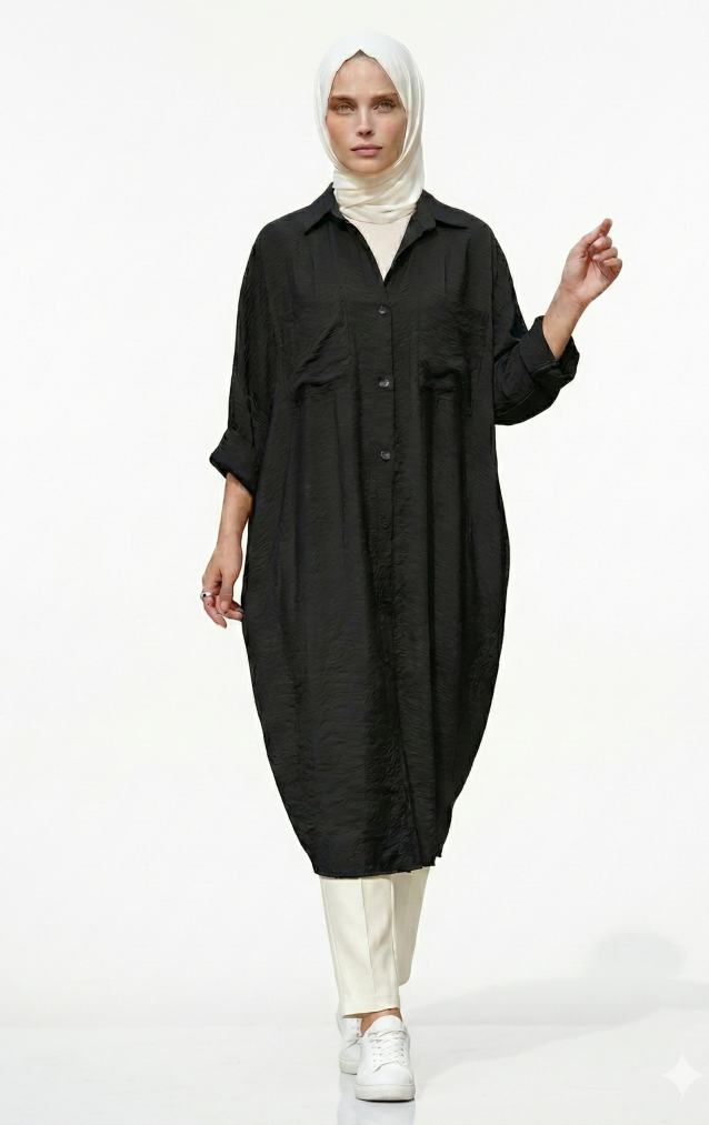 Pasaklı Giyim Kadın Oversize Yarasa Kol Tesettüre Uygun Gömlek Elbise-Tesettür Tunik 3282528 Siyah