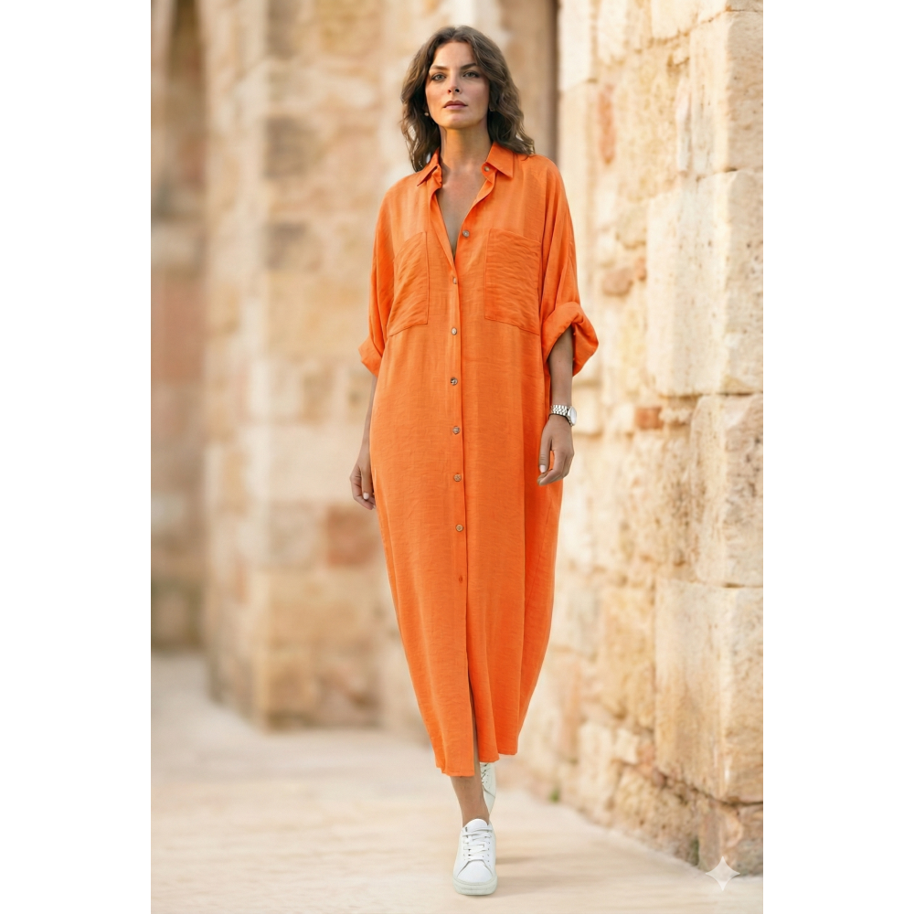 Pasaklı Giyim Pasaklı Giyim Kadın Oversize Yarasa Kol Tesettüre Uygun Gömlek Elbise-Tesettür Tunik Turuncu - Premium Kadın Giyim