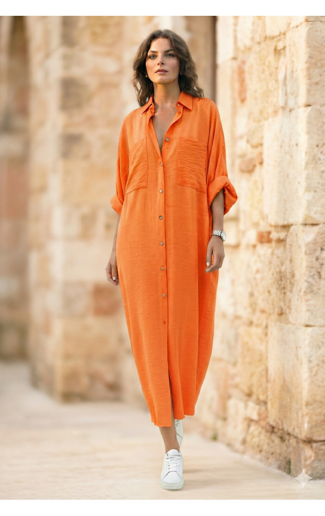 Pasaklı Giyim Kadın Oversize Yarasa Kol Tesettüre Uygun Gömlek Elbise-Tesettür Tunik 3282528 Turuncu