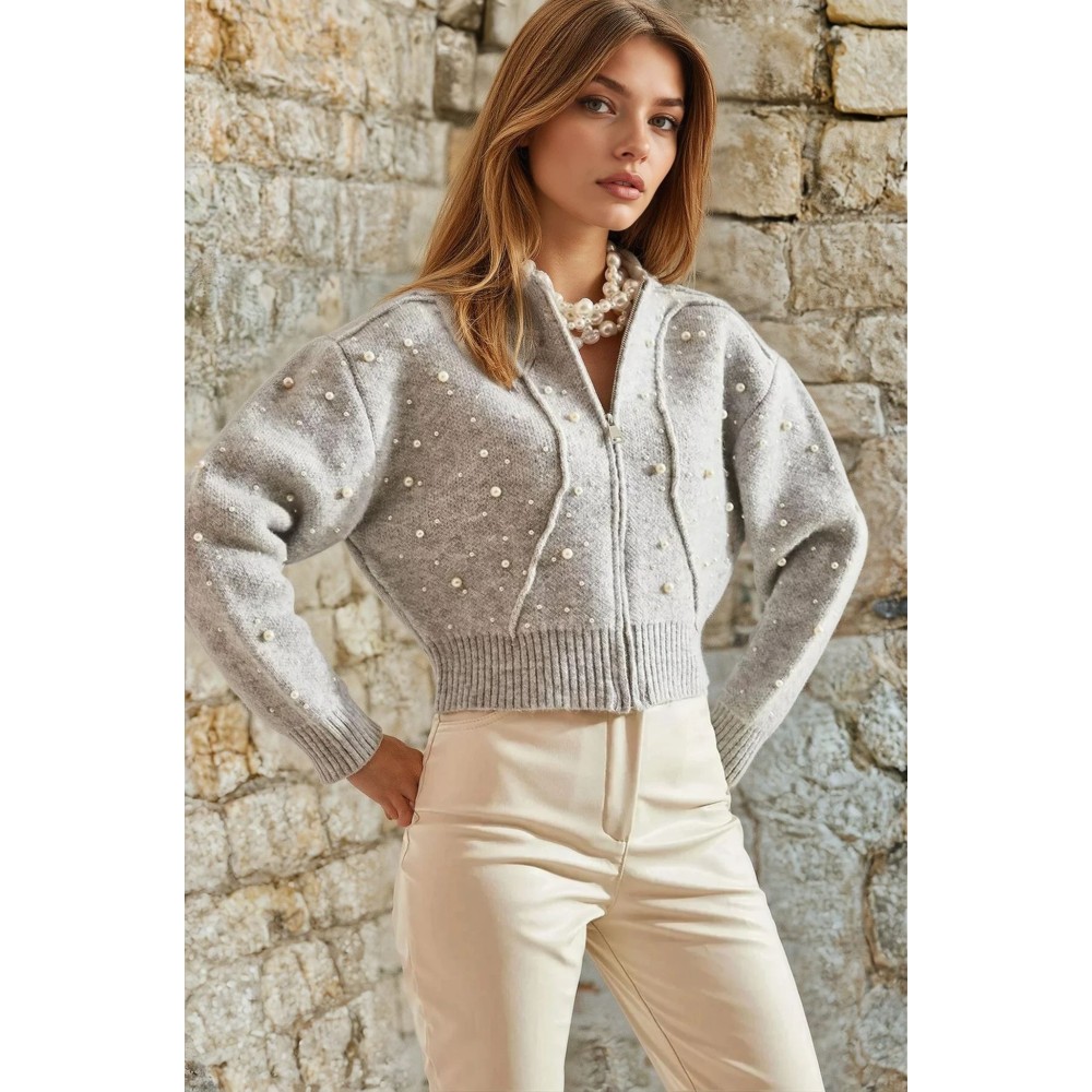 Pasaklı Giyim Pasaklı Giyim Tamamı - Ön Arka İnci İşleme -Dökülmez İnci , Premium Fermuarlı Hırka Gri - Premium Kadın Giyim