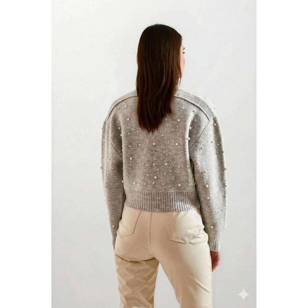 Pasaklı Giyim Pasaklı Giyim Tamamı - Ön Arka İnci İşleme -Dökülmez İnci , Premium Fermuarlı Hırka Gri - Premium Kadın Giyim