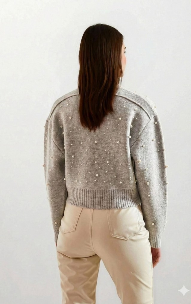 Pasaklı Giyim Tamamı - Ön Arka İnci İşleme -Dökülmez İnci , Premium Fermuarlı Hırka Gri 3767500