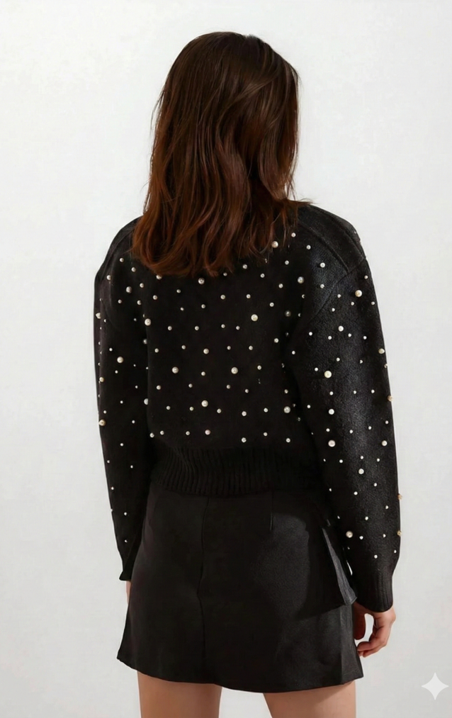 Pasaklı Giyim Tamamı - Ön Arka İnci İşleme -Dökülmez İnci , Premium Fermuarlı Hırka Siyah 3767500