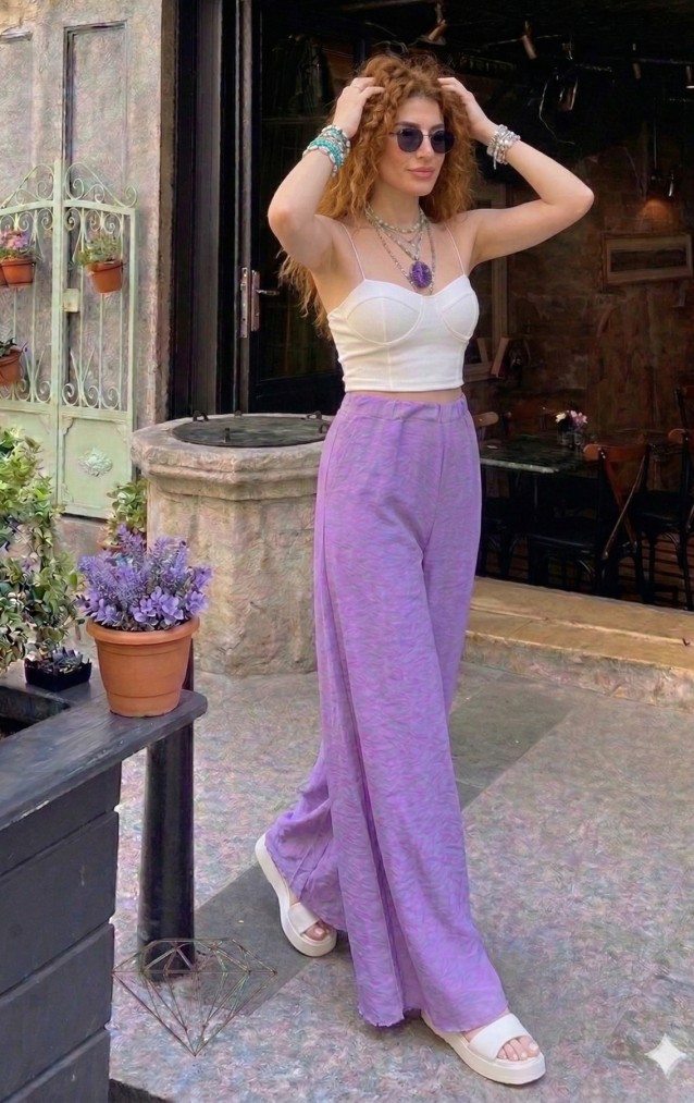 Kadın Beli Lastikli Cepli Bol Paça Salaş Oversize Yumuşak Dokulu Rahat Pantolon Lila 700-3391341