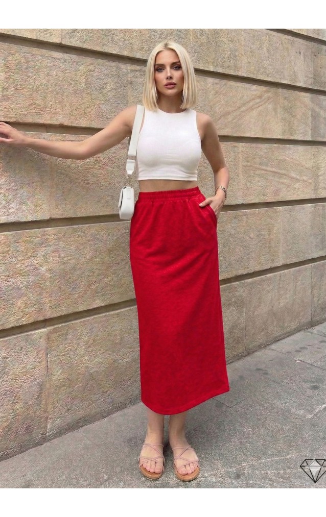 Kadın Kırmızı Cepli Beli Lastikli, Rahat Tam Kalıp, Spor Uzun Etek 700-3503203