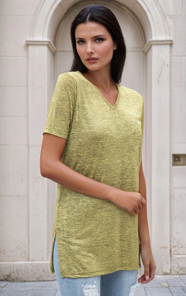 Kadın Fıstık Yeşil Uzun Yırtmaçlı Dokulu V Yaka Basic T-Shirt 650-2197120