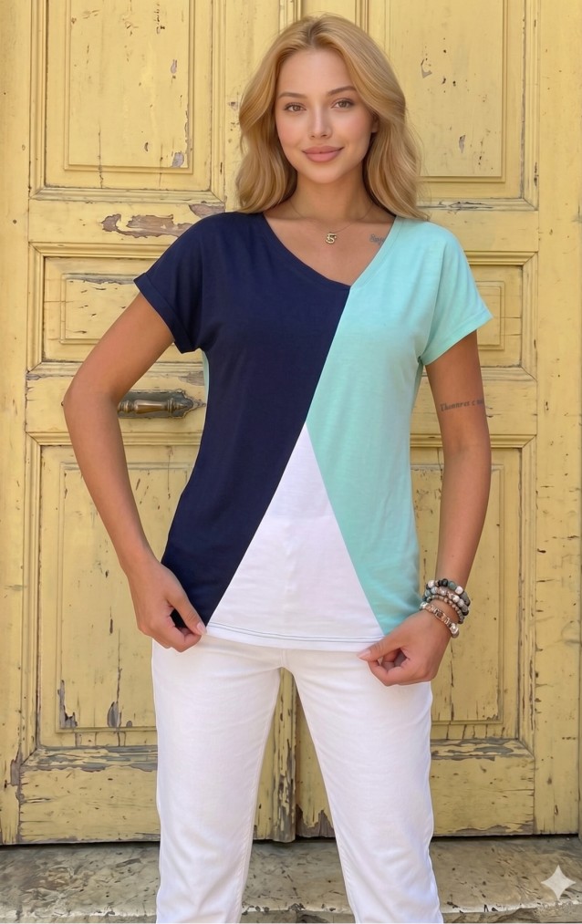 Pasaklı Giyim Kadın Lacivert Mint Beyaz Renk Bloklu Kısa Kollu Salaş Penye T-shirt 700-3207198