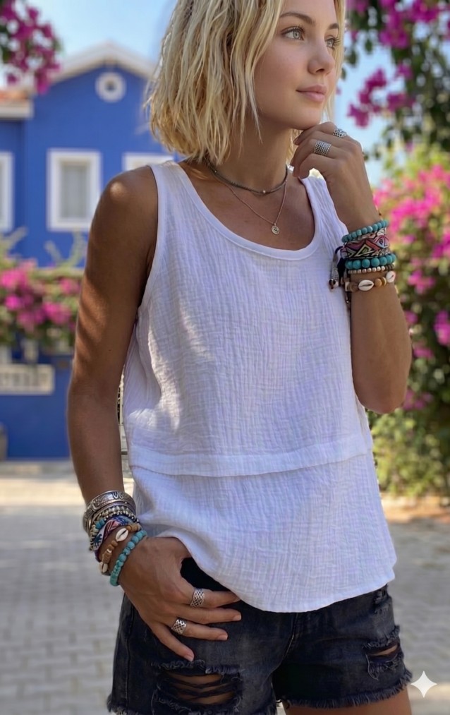 Kadın Beyaz %100 Pamuk Muslin Pis Dikiş Askılı Katlı Salaş Basic Atlet Bluz 3423242