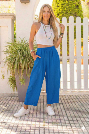 Kadın Müslin Kumaş, Beli Lastikli, Cepli Rahat Kalıp Pantolon -3416352 Saks Mavi