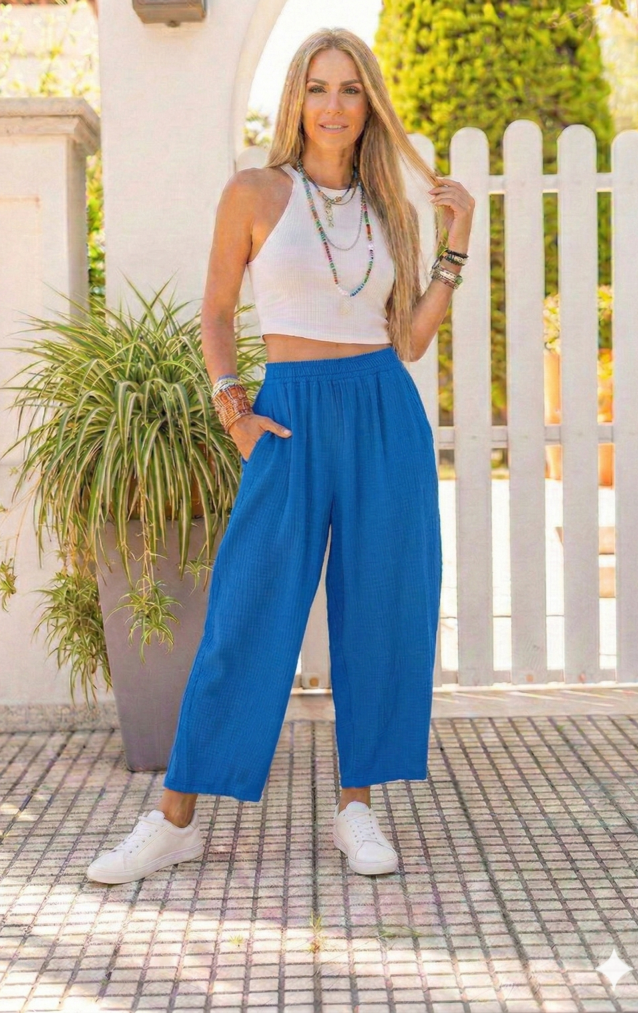 Kadın Müslin Kumaş, Beli Lastikli, Cepli Rahat Kalıp Pantolon -3416352 Saks Mavi
