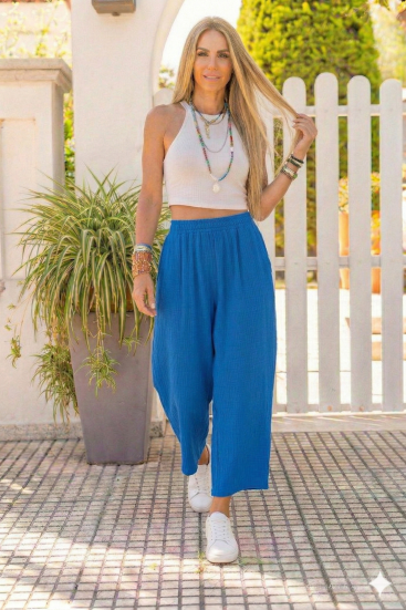 Kadın Müslin Kumaş, Beli Lastikli, Cepli Rahat Kalıp Pantolon -3416352 Saks Mavi