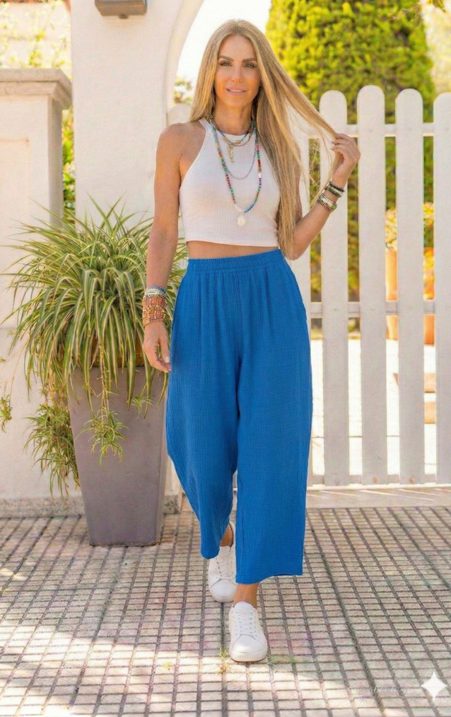 Kadın Müslin Kumaş, Beli Lastikli, Cepli Rahat Kalıp Pantolon -3416352 Saks Mavi