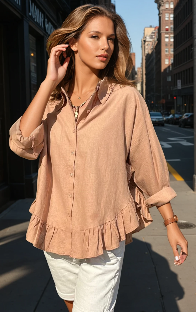 Pasaklı Giyim Kadın Fırfırlı Keten Bluz 3571319 Vizon